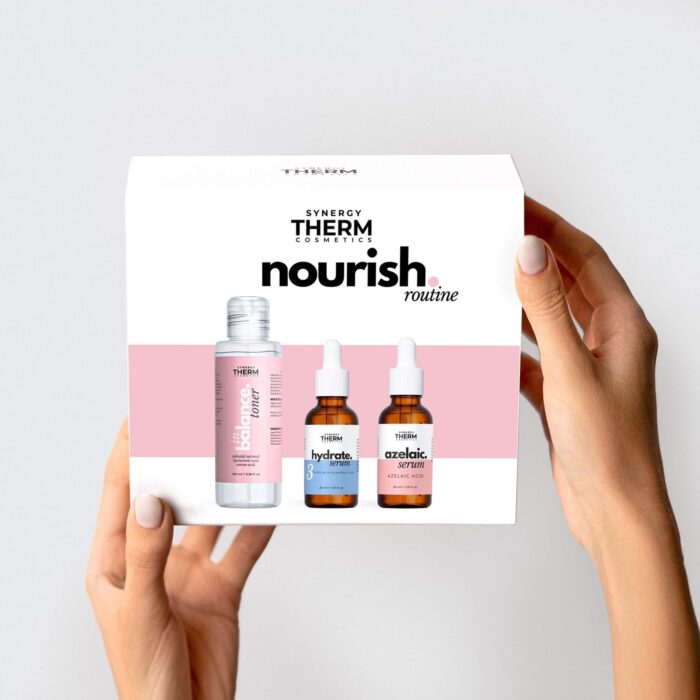 Set hidratare NOURISH ROUTINE rutină hidratantă cu toner echilibrant și hidratant, ser hidratant cu 3 tipuri de Acid Hialuronic și ser cu Acid Azelaic 10%.